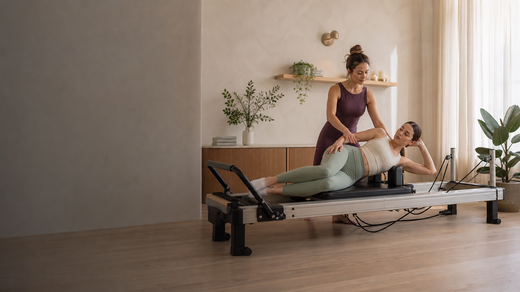 Fizyoterapist eşliğinde reformer pilates seansı